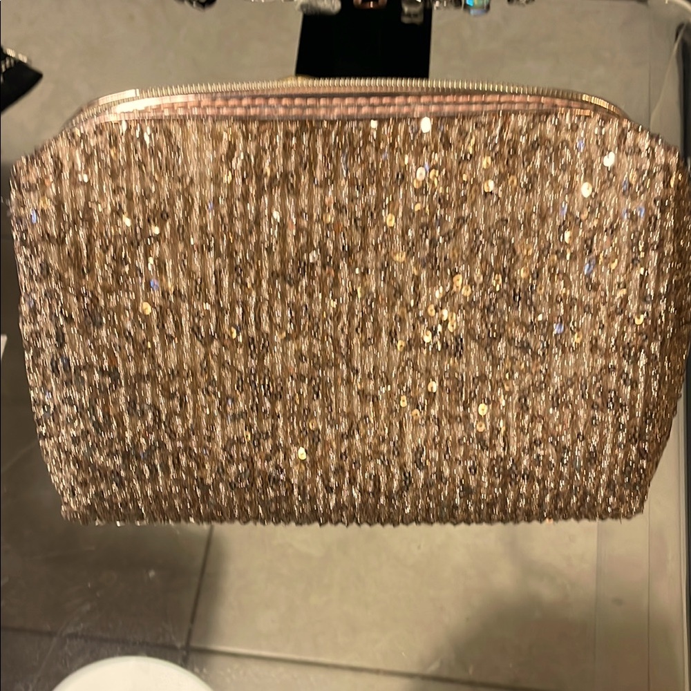 Gold “Vince” Sequin Cosmetic Bag with Textured Finish
